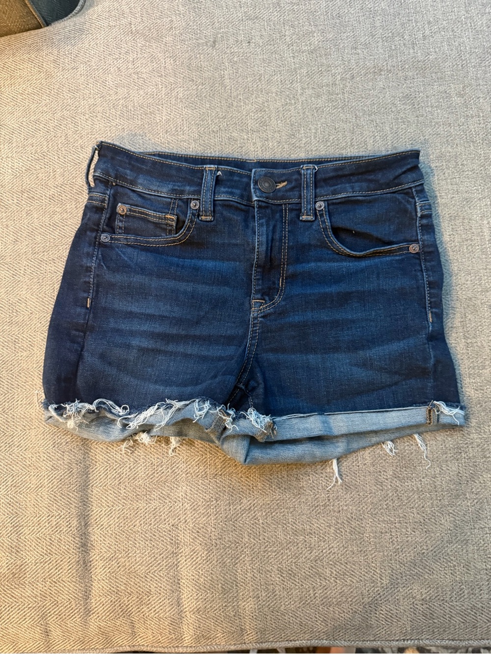 American Eagle Outfitters Dark Blue Frayed Hem Denim Shorts - 4